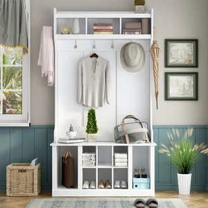 3-in-1 Eingang Flur Baum mit Garderobe 6 Haken und Bank Schuhschrank weiß USA - Bild 1 von 12