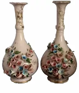 2 Norcrest Fine China Pink Bud Vases, 3D Flowers Gold Gilt Capodimonte Style 6” - Picture 1 of 17