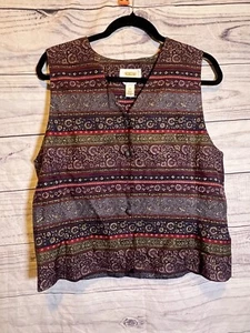 100% Silk Paisley Vest 14 Talbots Striped Button-up Purple Green Satin - Picture 1 of 7
