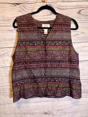 100% Silk Paisley Vest 14 Talbots Striped Button-up Purple Green Satin - Image 1 of 4