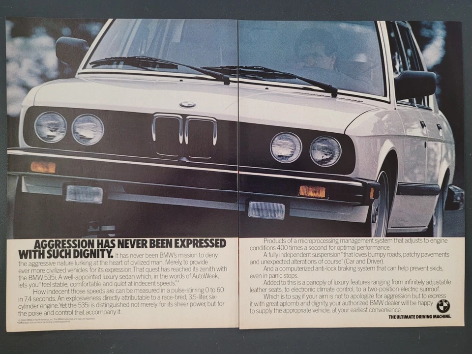 1987 2-СТРАНИЧНАЯ ПЕЧАТНАЯ РЕКЛАМА BMW 535i «Агрессия никогда не выражалась с таким достоинством» - Изображение 1 из 1