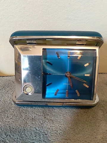 Vintage Bulova Lite Alarm Travel Clock Silver Blue Folding Case Japan 3” Cover