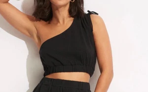 Seafolly S (10AUS) Beach Edit One Shoulder Jersey Crop Top Black New - Picture 1 of 7
