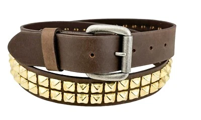 Brown TWO Row GOLD Pyramid Stud Belt Leather Handmade Studded Belt Punk Goth - Image 1 of 4