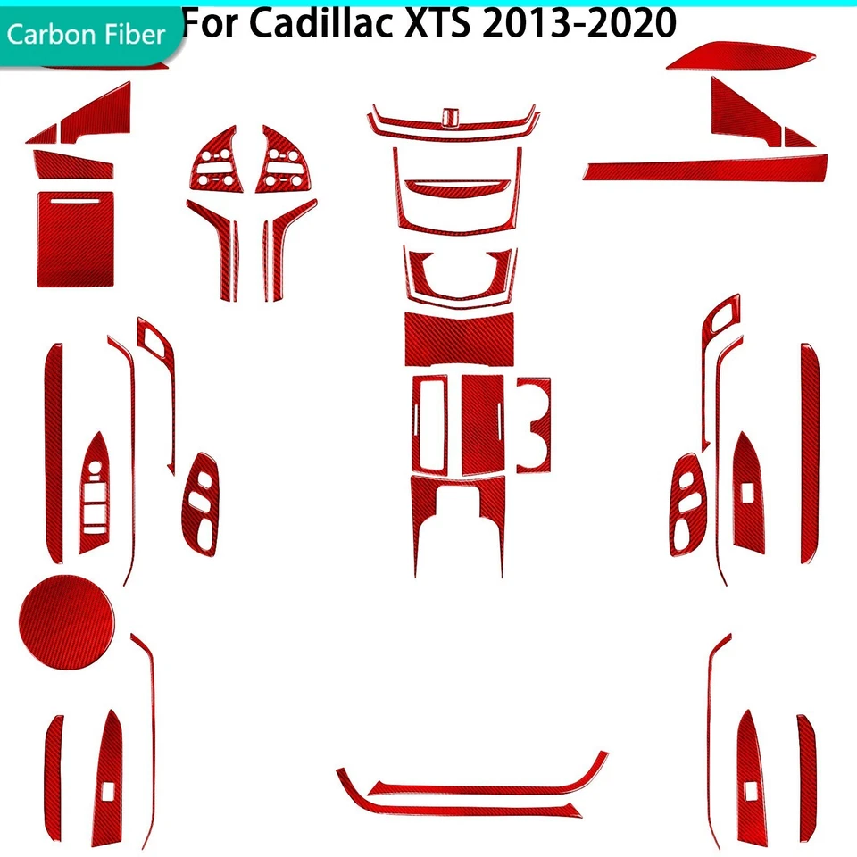 Kits de molduras exteriores interiores completos de fibra de carbono roja de 44 piezas para Cadillac XTS 2013-19 Foto 1 de 4