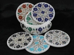 Coaster Set of 6 with Holder White Marble Inlay Coaster Perfect Gift for Home - Picture 1 of 7