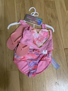 Young Hearts Girls Swim Suit 2 Piece And Medium Flip Flops Size 5 Little Girls - Picture 1 of 1