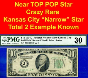 1934C $10 Federal Reserve Note PMG 30 2nd highest graded Kansas City narrow star - Picture 1 of 5