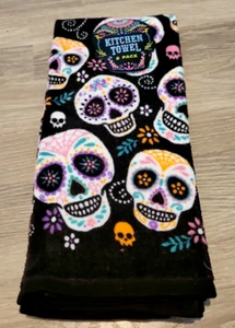Neu Tag der Toten 2er Set Sugar Skulls schwarz Küchentücher Dia Los Muertos - Bild 1 von 5