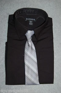 Boys L/S Dress Shirt BLACK Button Up CLIP ON TIE Gray White Stripe XS 4-5 - Picture 1 of 1