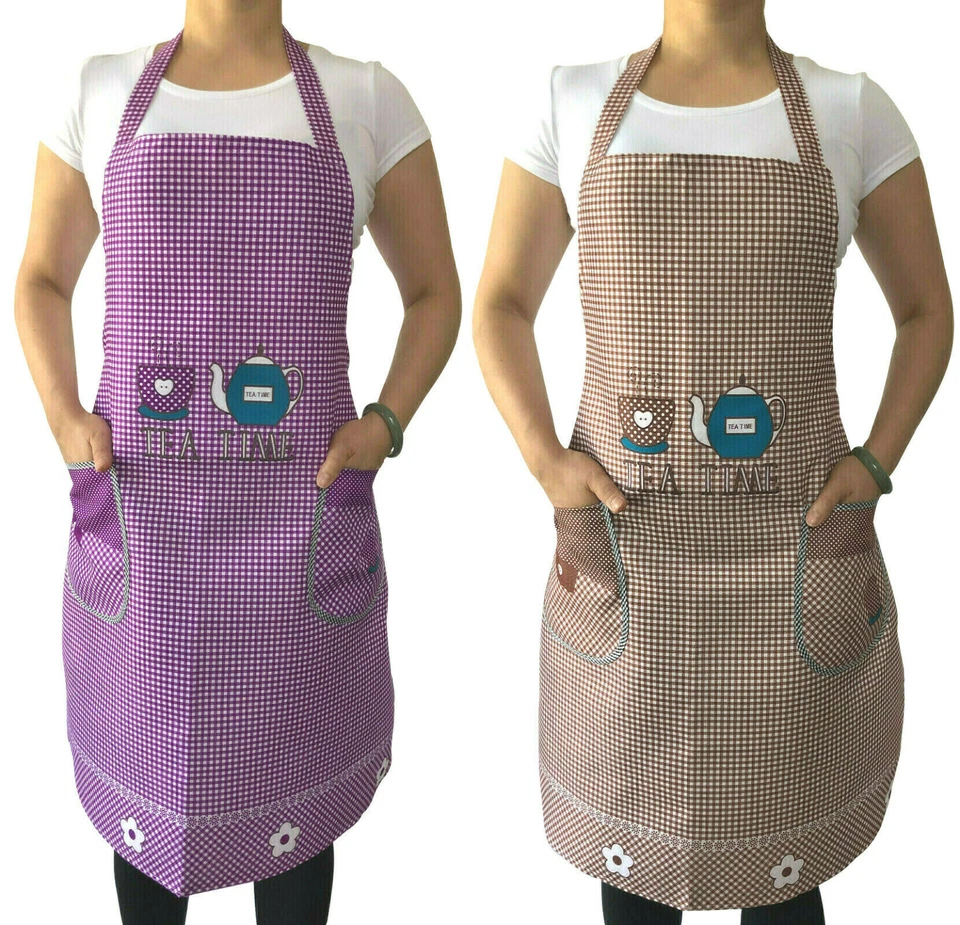 2/4 Pcs Women Floral Checked  Apron With 2 Pockets BBQ Cooking Kitchen Apron New - Image 1 of 1