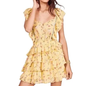 LOVESHACKFANCY Size L Phyllis Yellow Floral Boho Sleeveless Mini Raw Edged Dress - Picture 1 of 10