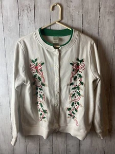 Vintage Damen Weihnachtspullover M Medium Knopfleiste Stechpalme festlich Urlaub - Bild 1 von 6
