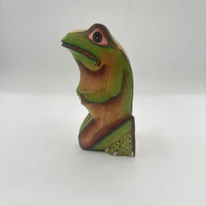 Hand Carved Kneeling Wooden Frog 6” Hand Painted Indonesia - Picture 1 of 7