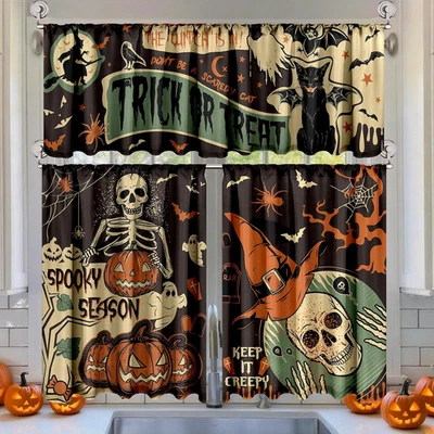 Juego de 3 cenefas y niveles de cortinas de cocina de Halloween para murciélagos góticos con ventanas  Foto 1 de 4