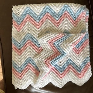 Handmade Crochet Baby Afghan Pastel Pink Blue White Chevron Knit 34x34” Swaddle - Picture 1 of 5