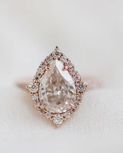 2.40Ct Pear Cut Moissanite Halo Engagement Women's Ring In Solid 14K Rose Gold - Picture 1 of 7