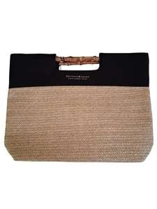 Donna Karan Cashmere Mist Handtasche aus Raffia, Canvas & Bambusgriff Neu mit Etikett - Bild 1 von 9