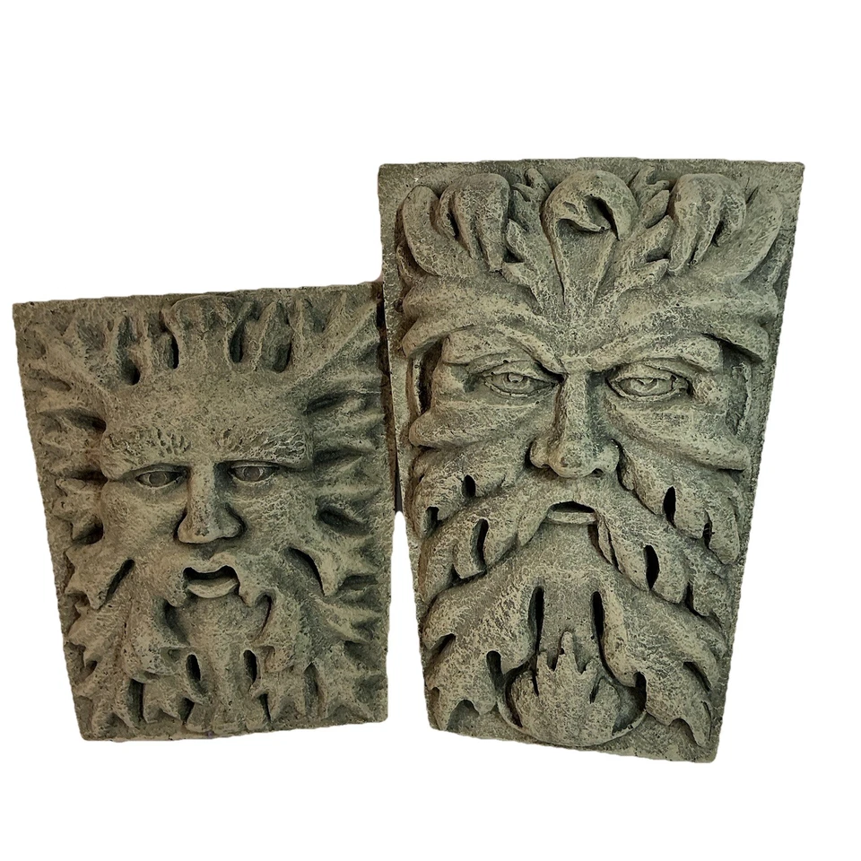 Placas de piedra Green Man - Juego de 2 - Tallas de cara de hoja - Decoración de jardín o pared Foto 1 de 4