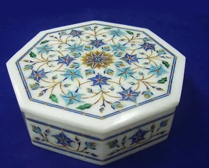 Caja de joyas de mármol hecha a mano piedras semipreciosas incrustaciones florales arte decoración del hogar - Imagen 1 de 1
