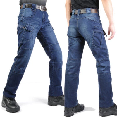 Pantalones tácticos de mezclilla flexibles para hombre Pantalones Jeans Deportes al aire libre Azul Negro Nuevos Foto 1 de 4