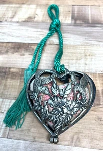 Vintage Heart-Shaped Metal Sachet With Birds & Floral Design - Picture 1 of 3