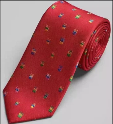 NUEVO CON ETIQUETAS JOS. A. Corbata de cuello BANK roja colorida con patrón de regalos de Navidad para hombre 100 % seda Foto 1 de 4