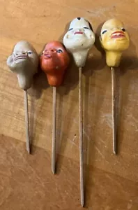 (4) Vintage Wood Picks Clay Heads/Bubble Faces Cocktail Toothpicks Skewers - Picture 1 of 9