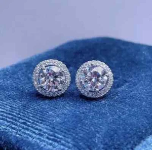 Natural Moissanite 2.00 Ct Round Cut Women's Stud Earrings 14k White Gold Plated - Picture 1 of 3