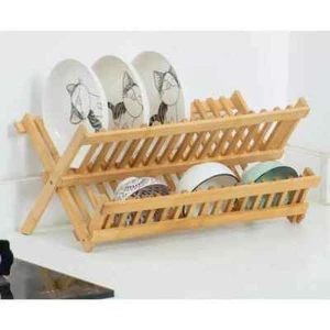 Folding Dish Drainer Pine Wood 2 Tier Cups Plates Rack Stand Kitchen 43x37x29cm - Picture 1 of 4