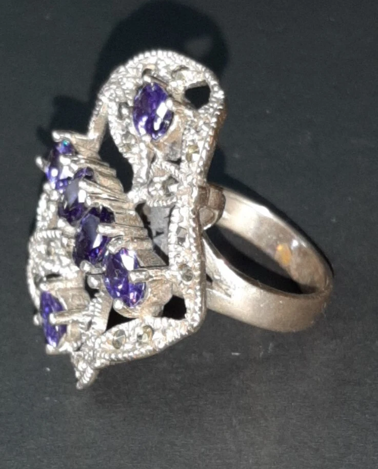 Maxi Anello Argento Ametista Ed Ematite Vintage - Immagine 1 di 4