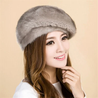 100% Real Whole Mink Fur Hat Thicken Winter Warm Beret Cap for Luxury Women - Image 1 of 4