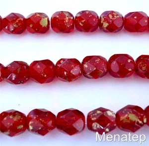 25 6 mm Tschechische Feuerpolierte Glasperlen: Marmoriertes Gold - Siam/Rubin - Bild 1 von 1