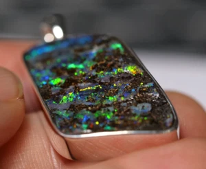 Australian Natural Queensland Solid Boulder Opal Silver 925 Pendant Hallmarked - Picture 1 of 9