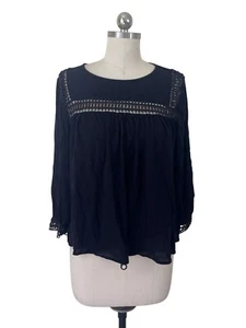 Lucky Brand Smock Top Blouse Womens Medium Black Solid Long Sleeve Witchy Boho - Picture 1 of 8