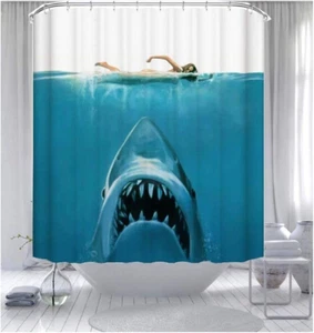 Ocean-Themed Shark Whale Shower Curtain Waterproof Bathroom Decorative Shower Cu - Picture 1 of 12