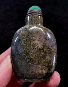 Antique 1800s Moss Agate Handcarved Natural Stone Chinese Snuff Bottle 2.25" - Picture 1 of 18