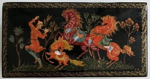 Antigua lata de pintura rusa original El caballo jorobado, escuela Palech, firmada - Imagen 1 de 11