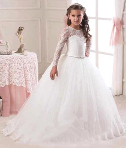 4-13 Yrs Girls Lace Bridesmaid Dress Flower Princess Formal Holiday Tulle Party - Picture 1 of 21