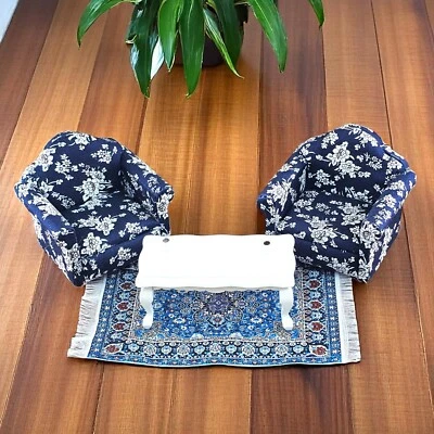 Dollhouse Mini Turkish Style Rug Armchair Sofas & Coffee Table Wood Floral Blue - Image 1 of 4