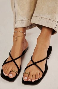 Jeffrey Campbell Shaea Black Suede Strappy Gold Toe Loop Sandals Size 10 - Picture 1 of 8