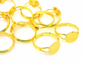 10 x Gold Plated Adjustable Ring Blanks 10mm Flat Pad Glue Jewellery J134 - Picture 1 of 2
