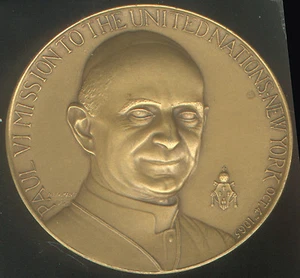 POPE PAUL VI UNITED NATIONS NEW YORK 1965 LARGE BRONZE MEDAL with UN BUILDING - Picture 1 of 1