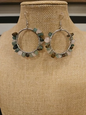 Natural Stone and Silver Plate Blue/Green Hoop Earrings - Image 1 of 4