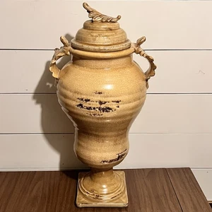 Ceramic Lidded Urn Large 23” Ochre Glaze Leaf Handles Tuscan Fortunata Style - Picture 1 of 24