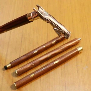 Walking Handle Stick Jaguar Brass Head Wooden Cane Vintage Antique Victorian - Picture 1 of 3