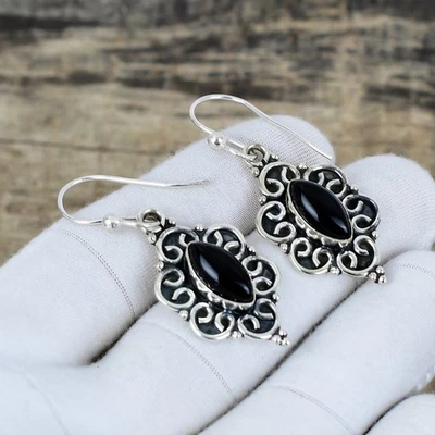 Naturale Onice Nera Gemma Orecchini 925 Argento Sterling Mano Gioielli Gifts - Immagine 1 di 4