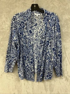Chico’s Cardigan 3 XL 100% Linen Blue Floral Cottagecore Knit Long Sleeve Open - Picture 1 of 7