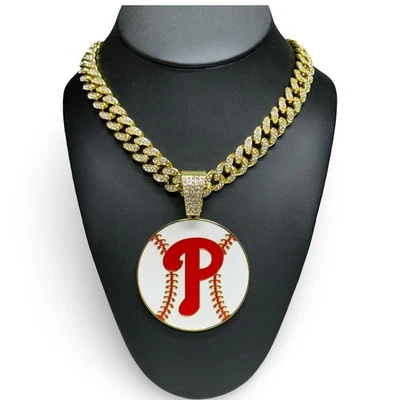Philadelphia Phillies Fan Chain Necklace Gold or Silver 24" Iced Cuban Pendant - Image 1 of 4