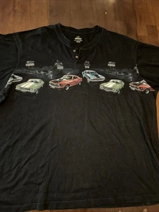 Men’s RedHead Henley T-Shirt Size 3XL Black Vintage Cars Graphic Double Sided - Picture 1 of 4